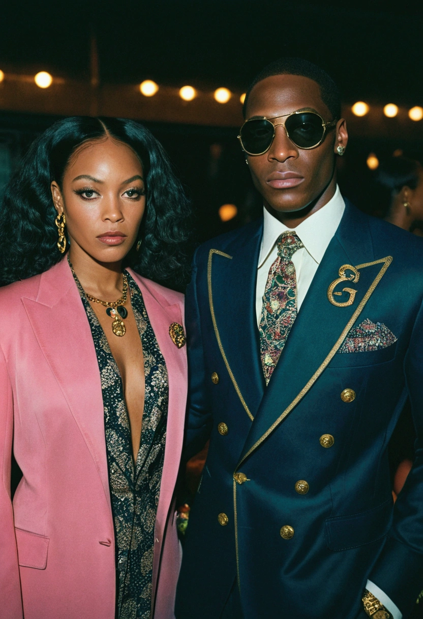 gucci , black women and man fully clothed photo 12k resolution hash flash lighting, shot on ALEXA 65, Velvia 100 , underexposed, Voigtlnder Nokton 50mm f1.1, i Nikon Z 8 with Zoom Lens | with 24-120mm