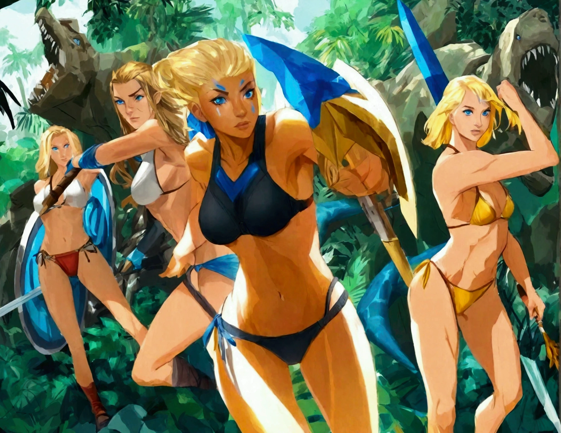 A group of Amazon women (tan skin, blonde hair, blue eyes, athletic, golden ratio figure, spear, sword, shield, warrior bikini) hunt a dinosaur, jungle ruins
