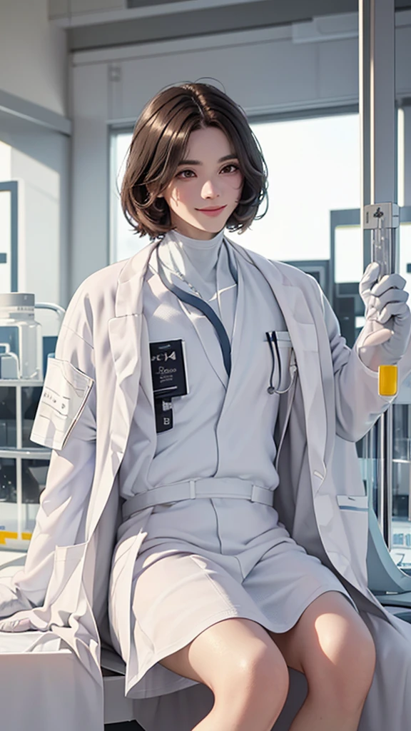 Doctor, 1 man, solo, sitting (Looking at the audience), (white lab coat:1.8), ,Stylish clothes who is an adult /(brown hair/) smile kindly (The best quality masterpiece:1.2) , Delicate illustrations, Special details, ( In front of the hospital