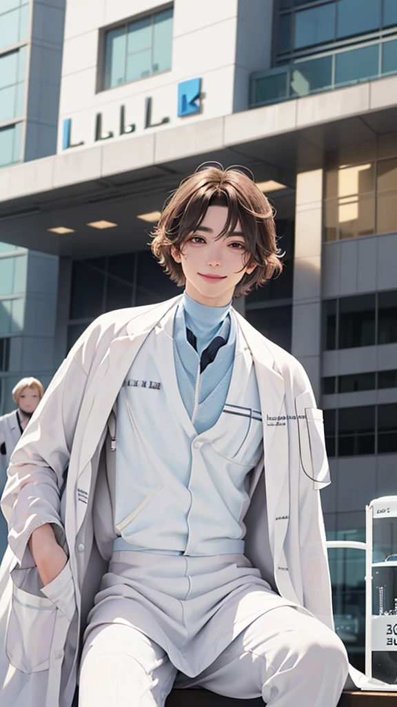 Doctor, 1 man, solo, sitting (Looking at the audience), (white lab coat:1.8), ,Stylish clothes who is an adult /(brown hair/) smile kindly (The best quality masterpiece:1.2) , Delicate illustrations, Special details, ( In front of the hospital