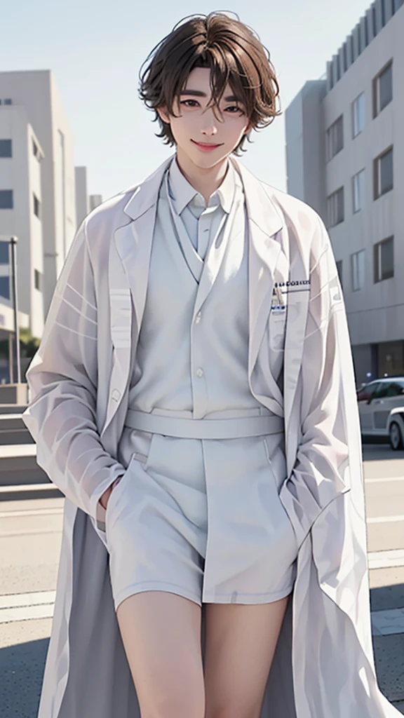 Doctor, 1 man, solo, sitting (Looking at the audience), (white lab coat:1.8), ,Stylish clothes who is an adult /(brown hair/) smile kindly (The best quality masterpiece:1.2) , Delicate illustrations, Special details, ( In front of the hospital
