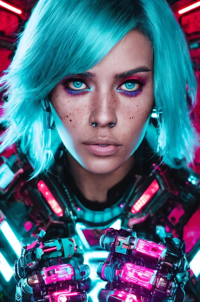 photorealistic, best quality, hyper detailed, (cyberpunk style), (cyberpunk aesthetic character with a mechanical arm), realistic photo, 1girl female star ship technician, holding futuristic repair equipment, teal hair, red eyes, tall, beautiful face, freckles, wrinkled skin,, ai artwork by Quiron, neon light, rampage, cybernetic enhancements,