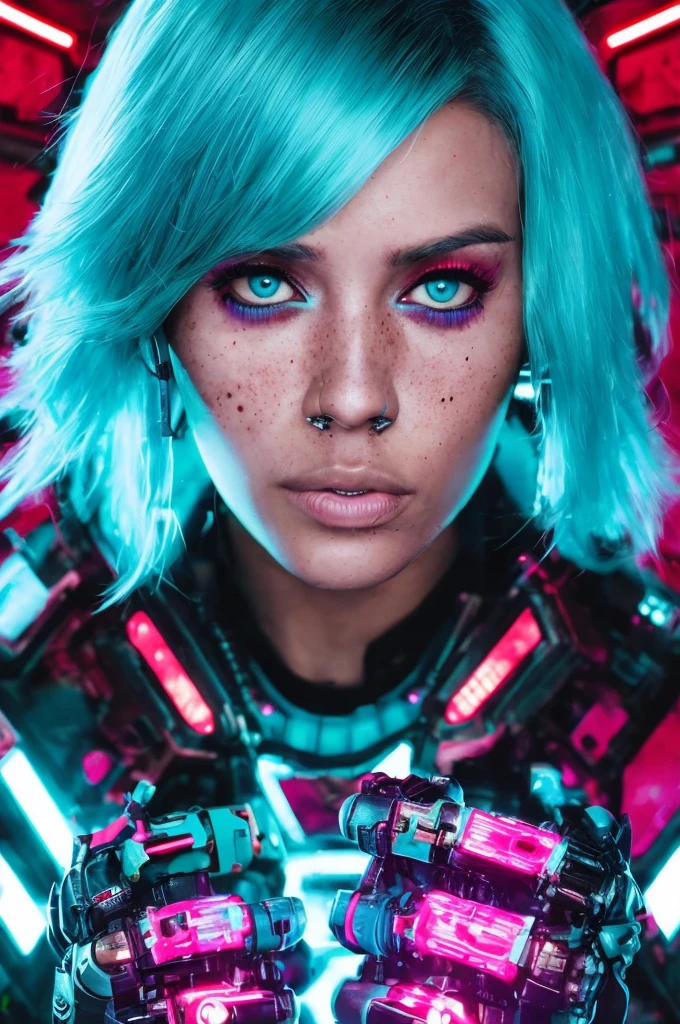 photorealistic, best quality, hyper detailed, (cyberpunk style), (cyberpunk  aesthetic  character with  a mechanical arm),   realistic photo, 1girl female star ship technician, holding futuristic repair equipment, teal hair, red eyes, tall, beautiful face, freckles, wrinkled skin,, ai artwork by Quiron,  neon light, rampage,  cybernetic enhancements,