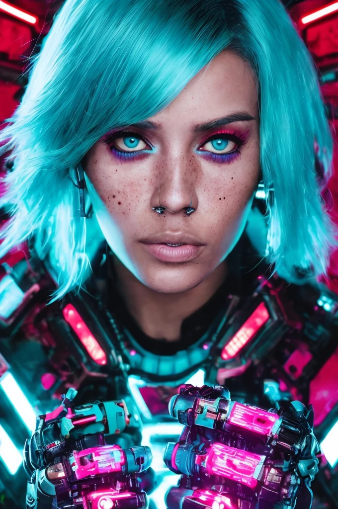 photorealistic, best quality, hyper detailed, (cyberpunk style), (cyberpunk aesthetic character with a mechanical arm), realistic photo, 1girl female star ship technician, holding futuristic repair equipment, teal hair, red eyes, tall, beautiful face, freckles, wrinkled skin,, ai artwork by Quiron, neon light, rampage, cybernetic enhancements,