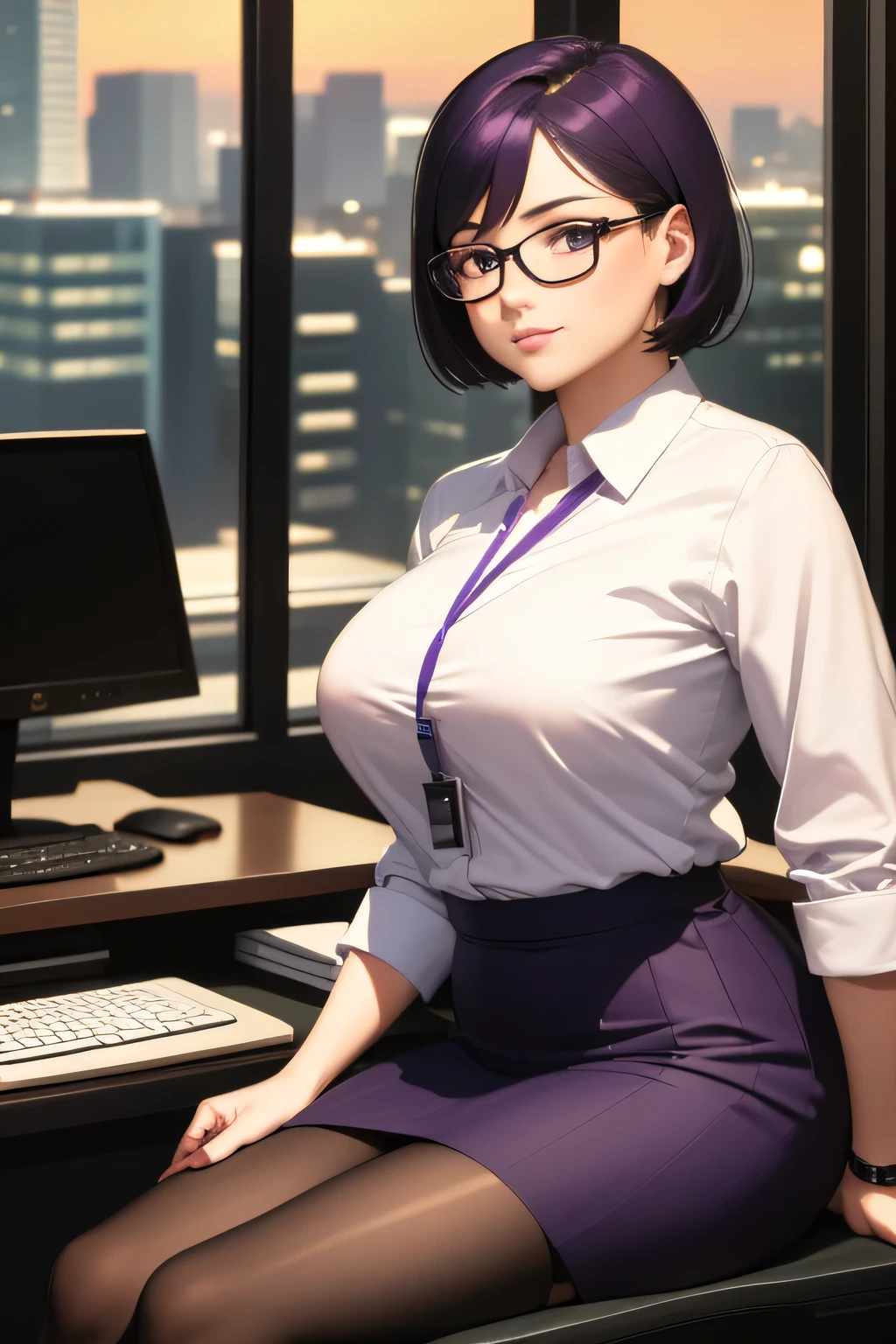 (masterpiece:1.2, Highest quality), (Realistic, photoRealistic:1.4), 1girl,short hair,Glasses,Shiny purple satin blouse,Black tight skirt,stockings,(Strap ID Card),50 years old,赤いルージュのPlumpとした唇,Round face,Plump,(eye contact),Office in a high rise building,(I sat at my computer desk and turned around.),sunset,A capable female secretary giving advice　