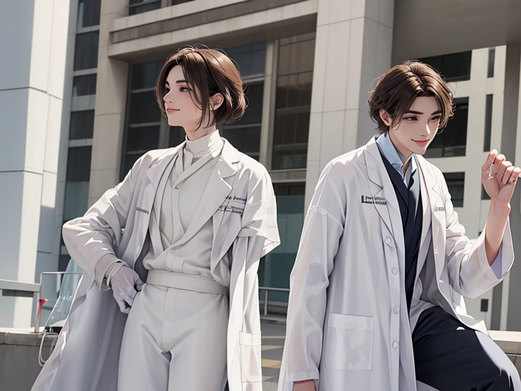 Doctor, 1 man, solo, sitting (Looking at the audience), (white lab coat:1.8), ,Stylish clothes who is an adult /(brown hair/) smile kindly (The best quality masterpiece:1.2) , Delicate illustrations, Special details, ( In front of the hospital