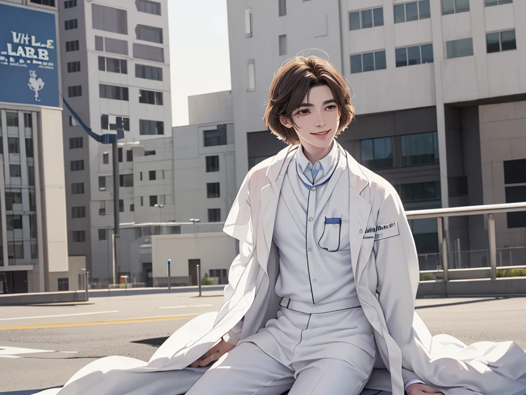 Doctor, 1 man, solo, sitting (Looking at the audience), (white lab coat:1.8), ,Stylish clothes who is an adult /(brown hair/) smile kindly (The best quality masterpiece:1.2) , Delicate illustrations, Special details, ( In front of the hospital