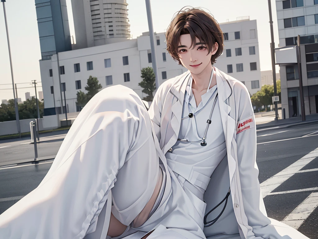 Doctor, 1 man, solo, sitting (Looking at the audience), (white lab coat:1.8), ,Stylish clothes who is an adult /(brown hair/) smile kindly (The best quality masterpiece:1.2) , Delicate illustrations, Special details, ( In front of the hospital