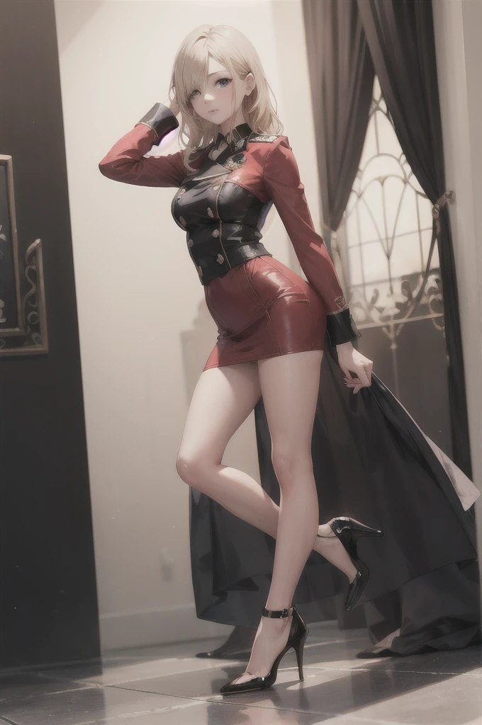 European Woman Portrait,alone,20-year-old,Beautiful Face,Upper Body,Hair on one eye,Medium Sidecut, Blonde, Sharp focus,Black and red uniform,Tight Skirt,(High heels:1.5),Highest quality,masterpiece,masterpiece