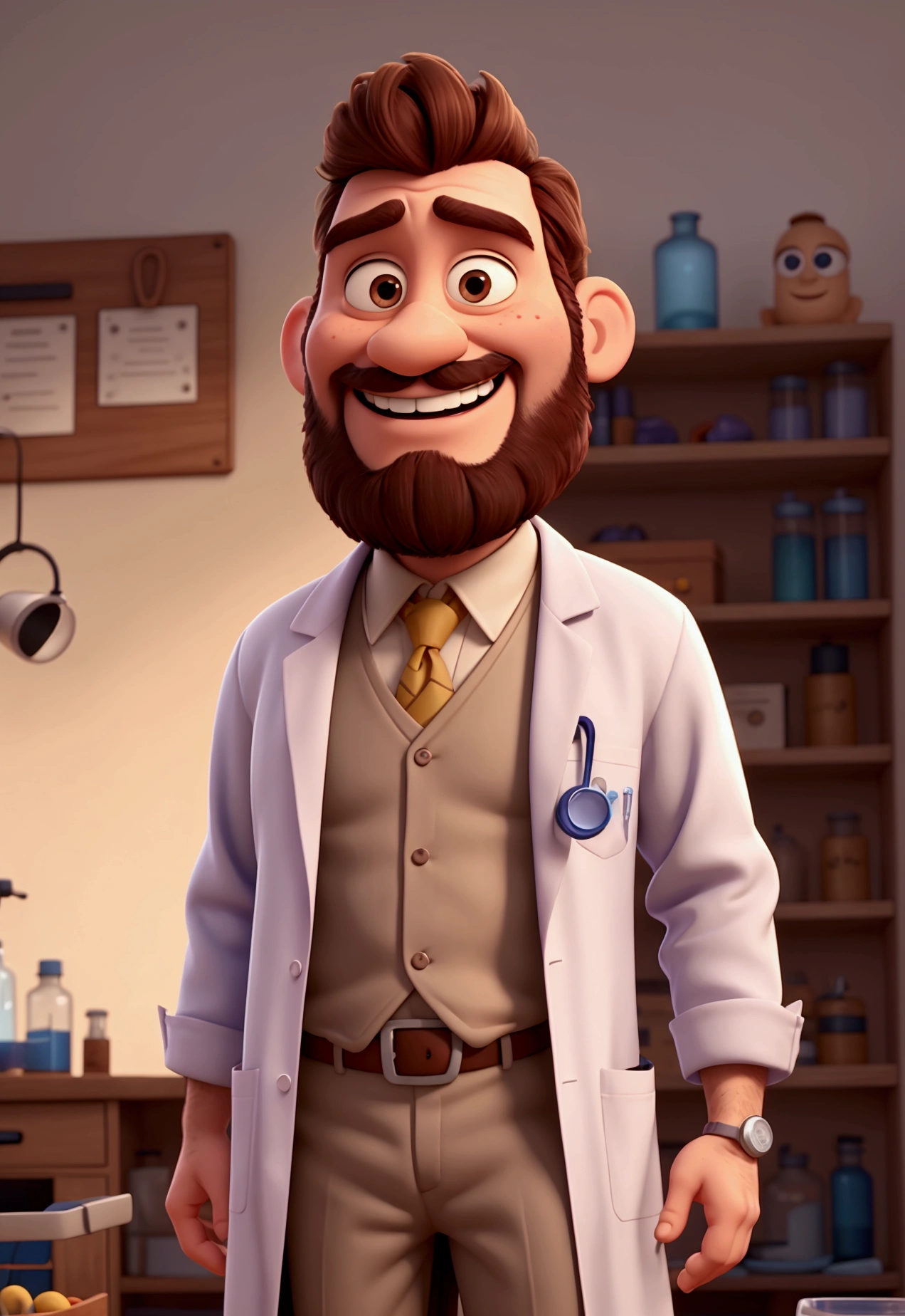 Pixar-style image of doctor, in a lab coat, bearded, friendly, smiling