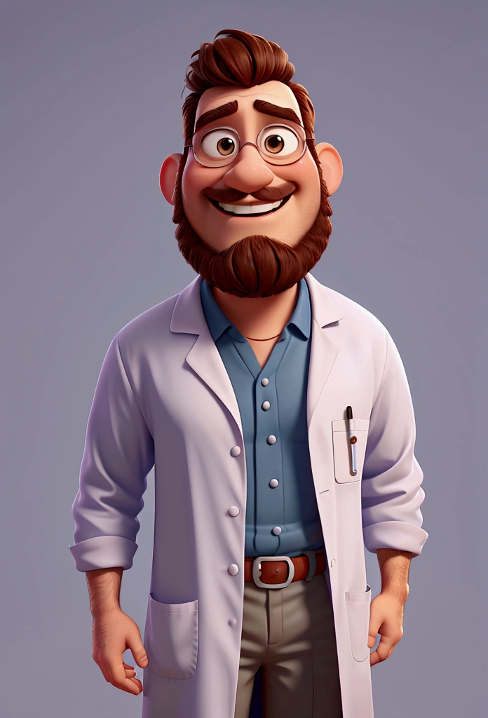 Pixar-style image of doctor, in a lab coat, bearded, friendly, smiling