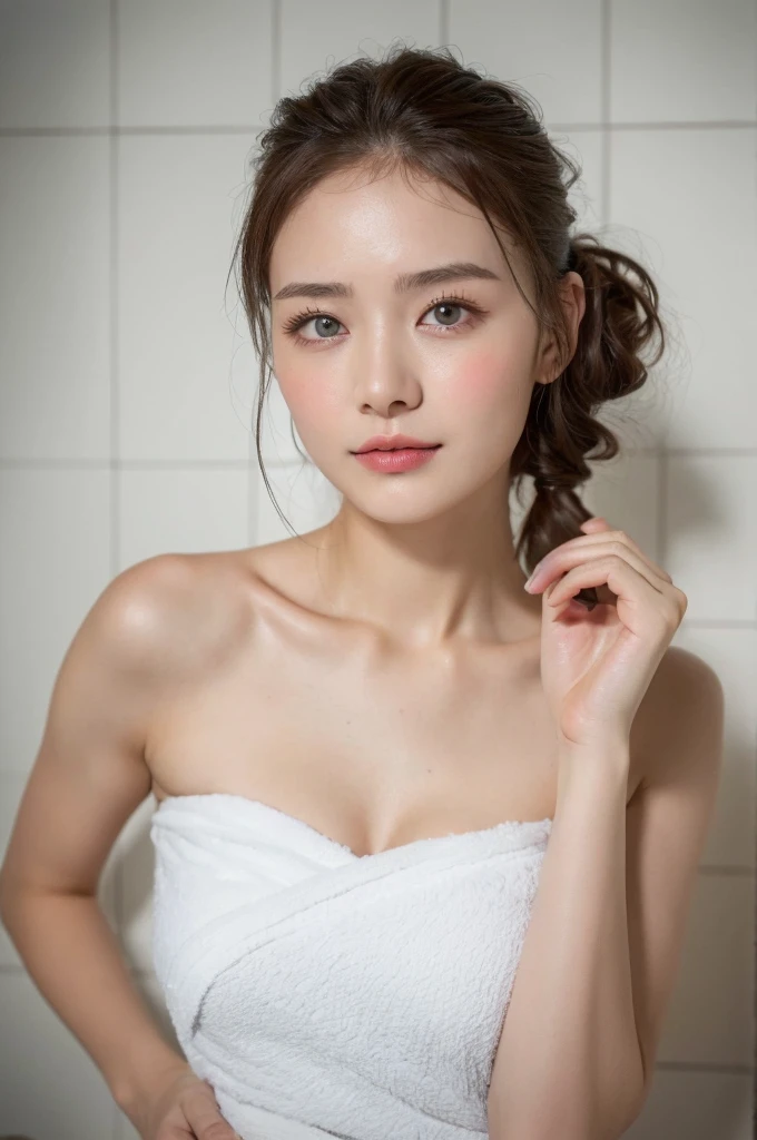 ((Highest quality, 8k, masterpiece :1.3)), One girl, Beautiful woman with slim abdominal muscles :1.3, (Random Hairstyles, Huge breasts :1.2), Wrapped in a bath towel :1.2, Highly detailed face, Fine grain, double eyelid、Japanese women