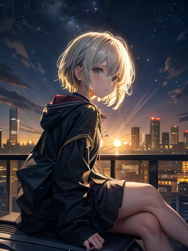 Highest quality, masterpiece, Very detailed, Detailed Background, anime, One girl, Young girl, Short girl, sf, sf, Outdoor, night, Starry Sky, greenhouse, huge structure, Biodome, Wind景, scenery, horizon, rooftop, sitting on rooftop, Wind, avert your eyes, Atmospheric lighting, Focus on the eyes, close, From the side, Depth of written boundary, Bokeh