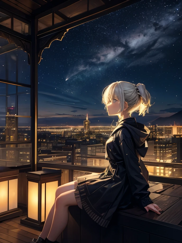 Highest quality, masterpiece, Very detailed, Detailed Background, anime, One girl, Young girl, Short girl, sf, sf, Outdoor, night, Starry Sky, greenhouse, huge structure, Biodome, Wind景, scenery, horizon, rooftop, sitting on rooftop, Wind, avert your eyes, Atmospheric lighting, Focus on the eyes, close, From the side, Depth of written boundary, Bokeh