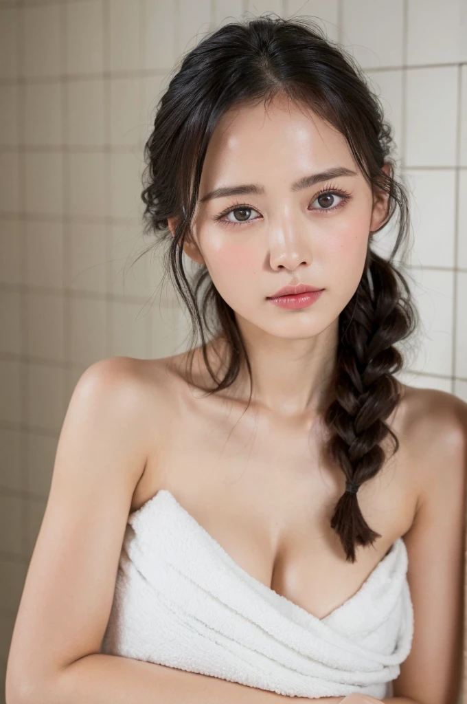 ((Highest quality, 8k, masterpiece :1.3)), One girl, Beautiful woman with slim abdominal muscles :1.3, (Random Hairstyles, Huge breasts :1.2), Wrapped in a bath towel :1.2, Highly detailed face, Fine grain, double eyelid、Japanese women