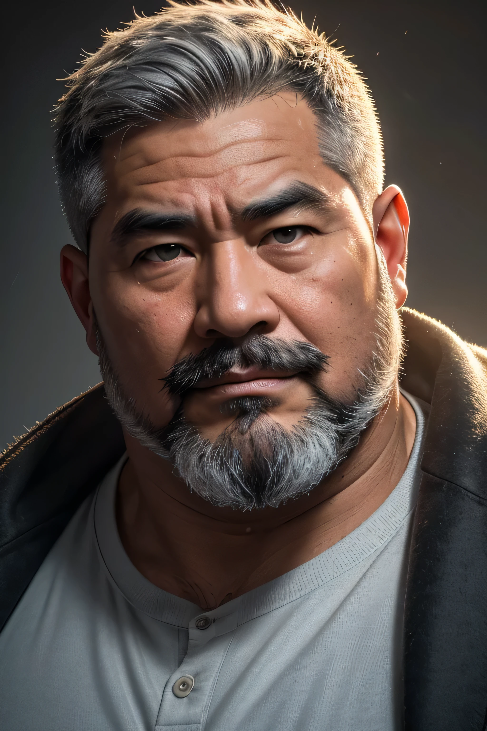 (8K, high definition, high quality, highly detailed) Chubby-faced handsome Asian. gray hair. headshot. not looking at the camera. dramatic lighting. full gray beard. thick gray mustache.