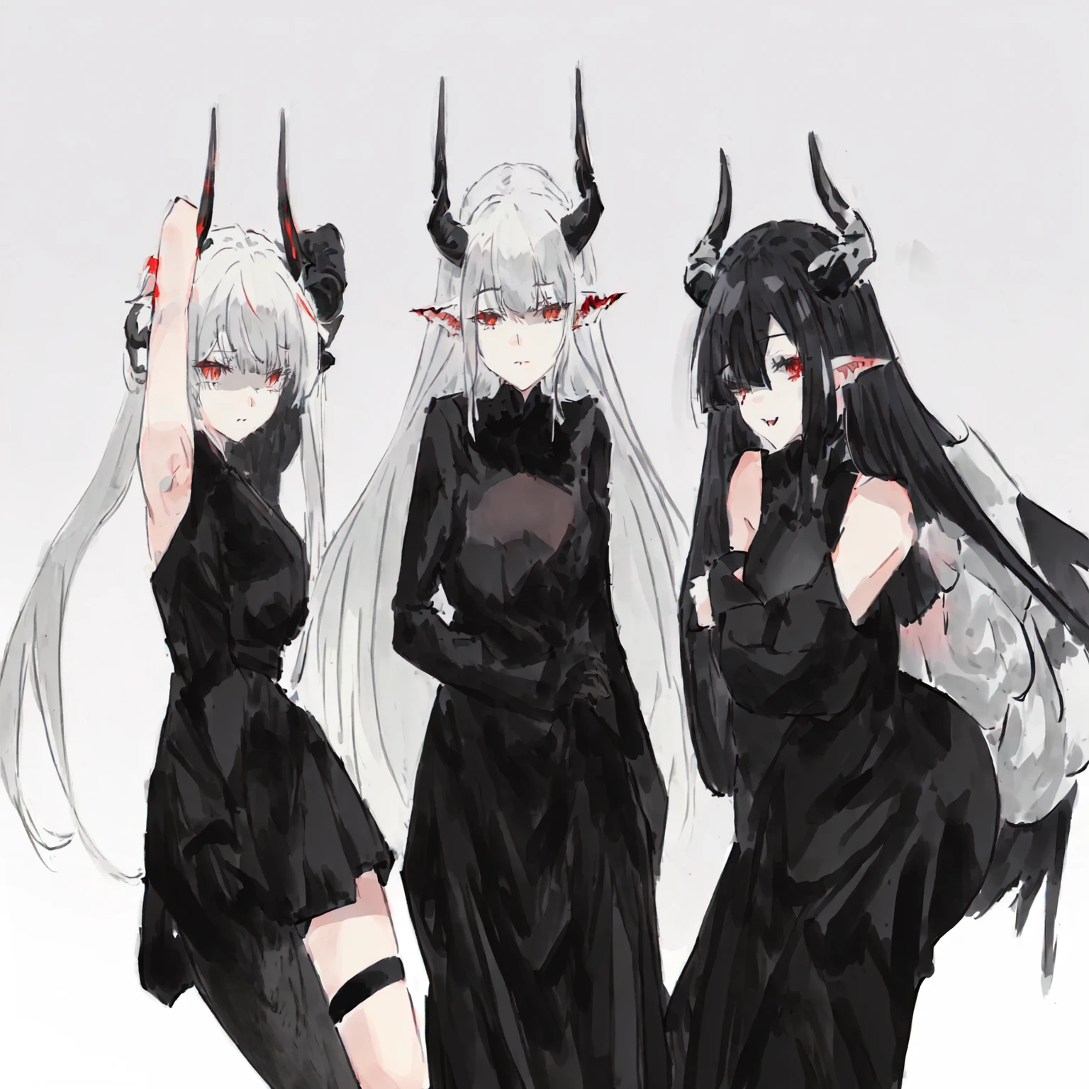 three anime girls in black and white outfits with horns, black horns, demon anime girl, with horns, white horns queen demon, cute horns, demon white horns, demon horns, with black horns instead of ears, devils, pixiv 3dcg, pixiv style, long horns, demon girl, horns and red eyes, ecchi anime style, at pixiv