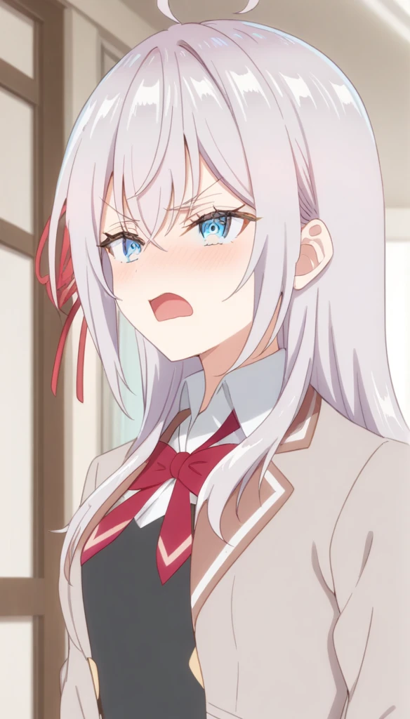1 girl, feminine focus,Alisa mikhailovna kujou, very aesthetic, absurdities,4klong sleeves, underwear, ceiling, portrait, Serious, corridor, open mouth, Best Quality, very aesthetic, absurdities