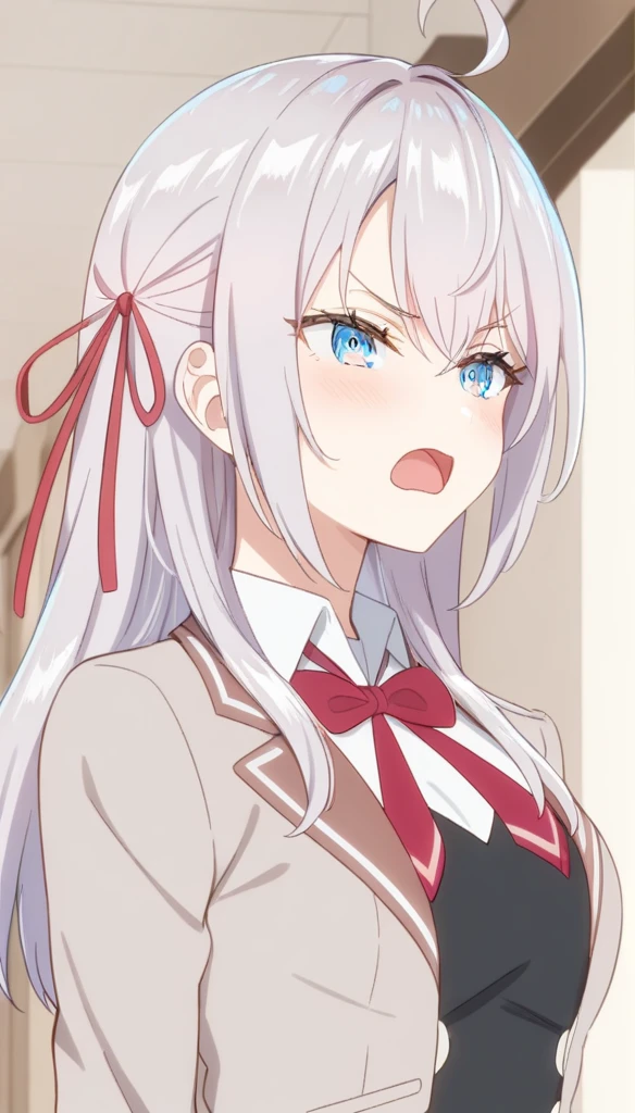1 girl, feminine focus,Alisa mikhailovna kujou, very aesthetic, absurdities,4klong sleeves, underwear, ceiling, portrait, Serious, corridor, open mouth, Best Quality, very aesthetic, absurdities