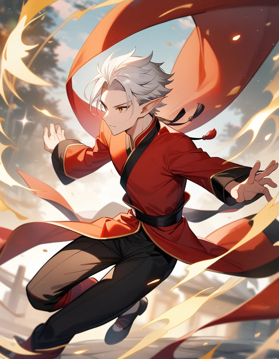 1 chico, male focus, elf, wind, swift master, dnf duel, clear skin, White hair, red wushu uniform with black details and black pants