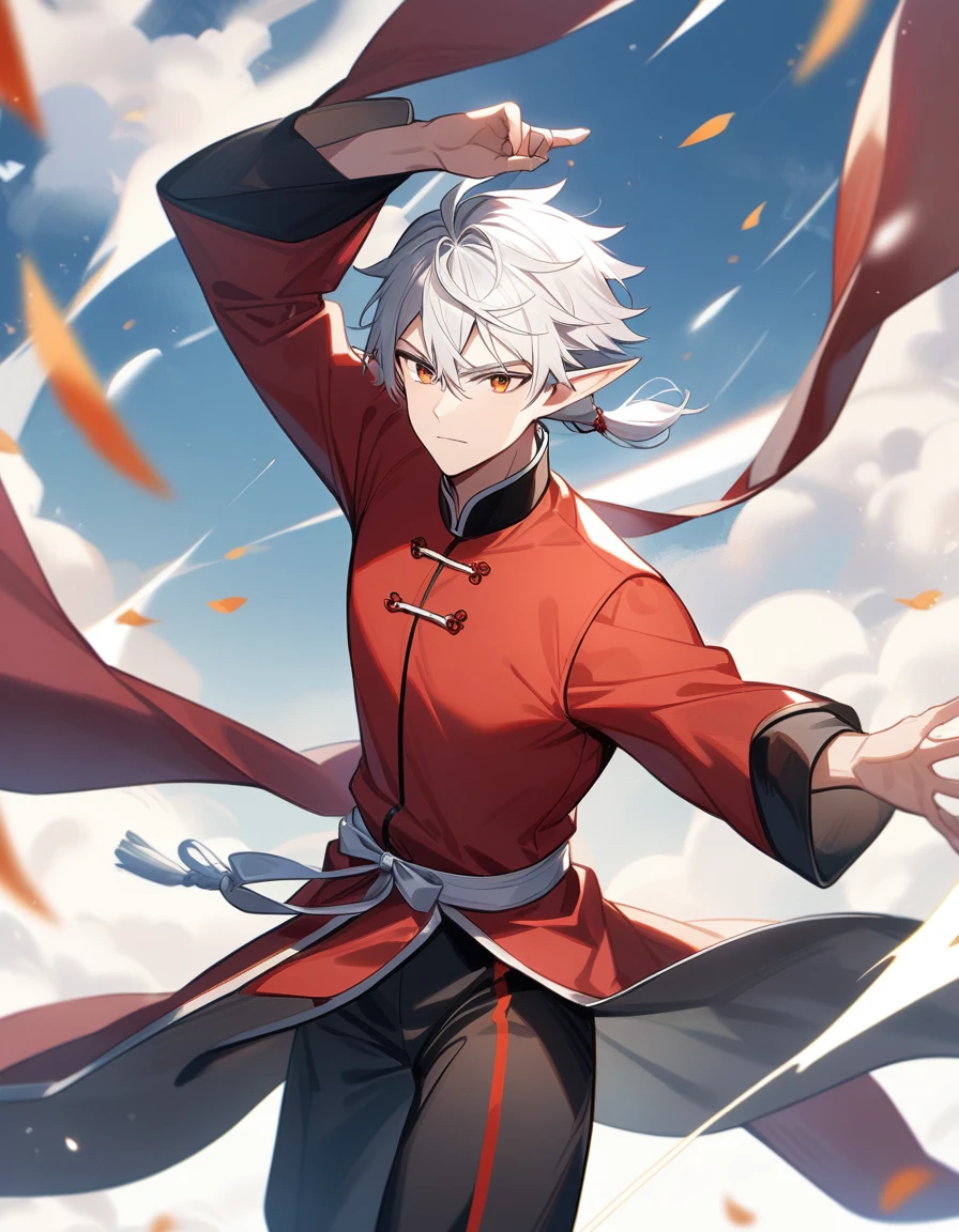 1 chico, male focus, elf, wind, swift master, dnf duel, clear skin, White hair, red wushu uniform with black details and black pants