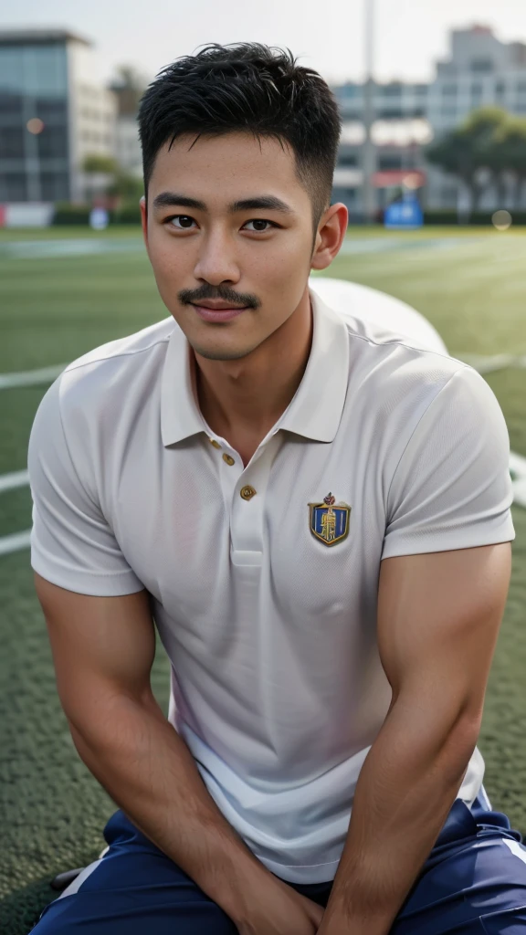 Masterpiece, best quality, high resolution, realistic, handsome, Take beautiful photos, A photo of a 35-year-old Gym Association member sitting on the floor. (The man has a thin mustache.) ,Full body, Portrait, standing on the football field, make military media, weight, Amazing , Buzzcut short hair,stubble head , (Hyper Muscle),looking at the audience, Flirt with the camera, charming, (Tight white polo shirt Cargo pants ),(GS-Male:1), 8k,Bokeh,Portrait,look at the viewer, smile