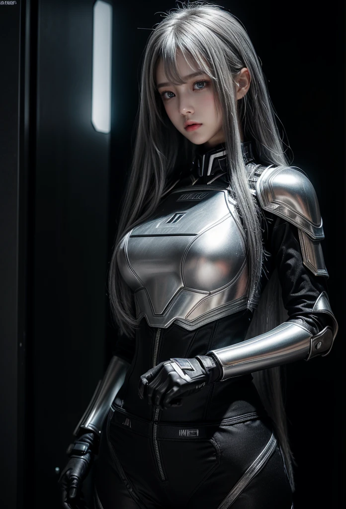 cyber angel,machine wing,{{Sci-Fi Armor}},cyber suit,cyberpunk,science fiction,cyber battle armor,Battledress,Military Uniforms,pants,black military uniform,whole body,Height: 168cm,almond shape eyes,{{{{{silver eyes}}}}},{{{{{dull bangs}}}}},(slanted eyes},{{whole body},{{{1 girl}}}, long hair, straight hair,{{{{silver hair}}}},{{{tsurime}}},30 years old,{Medium chest},{{bush}},silver eyes,{{{masterpiece}}}, {{{highest quality}}}, {{Super detailed}}, {shape}, {{very delicate and beautiful}},very detailed,detailed perfect,detailed hyper,Abundant thighs,big ass,black clothes