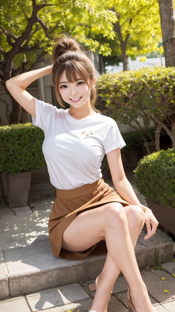 {Highest quality}、{so beautiful}、{Highest quality}、{Best illustrations}、super high quality、Japanese Girls1people、Casual clothing、mini skirt、Yellow panties、Attractive thighs、Spread your legs wide、Open your chest wide、Face of joy、Small breasts、smile、No underwear、Sitting、Raise your knees、Look forward、Fold up the hem of the skirt a little