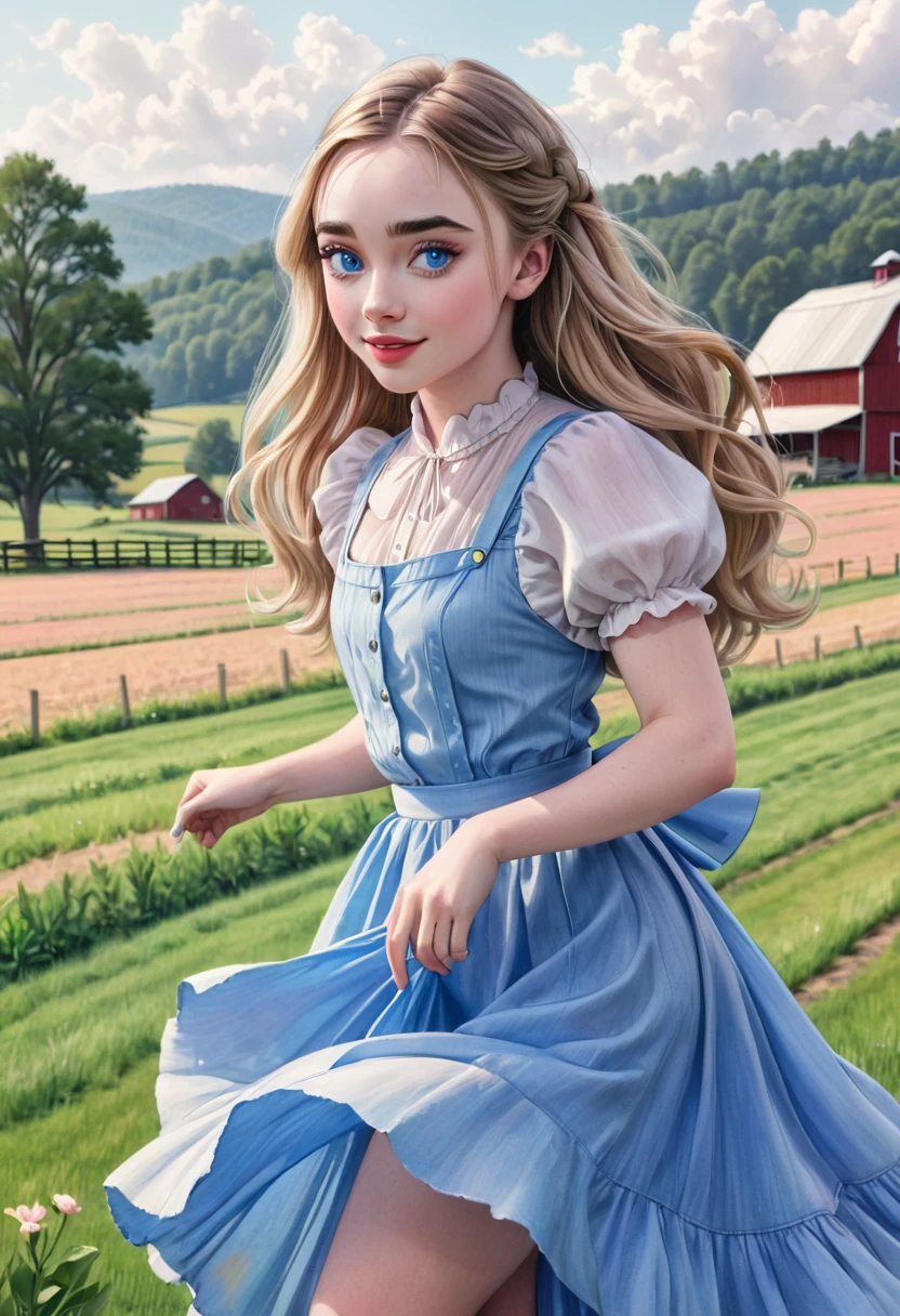 A colored pencil sketch of a beautiful swedish farm wife. crystal blue eyes. rosy complexion. full lips. Sabrina Carpenter. Sudectively dancing in a medow.