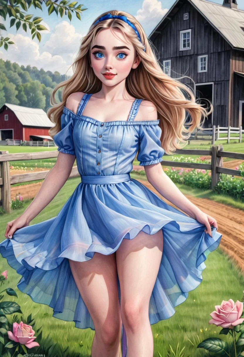 A colored pencil sketch of a beautiful swedish farm wife. crystal blue eyes. rosy complexion. full lips. Sabrina Carpenter. Sudectively dancing in a medow.