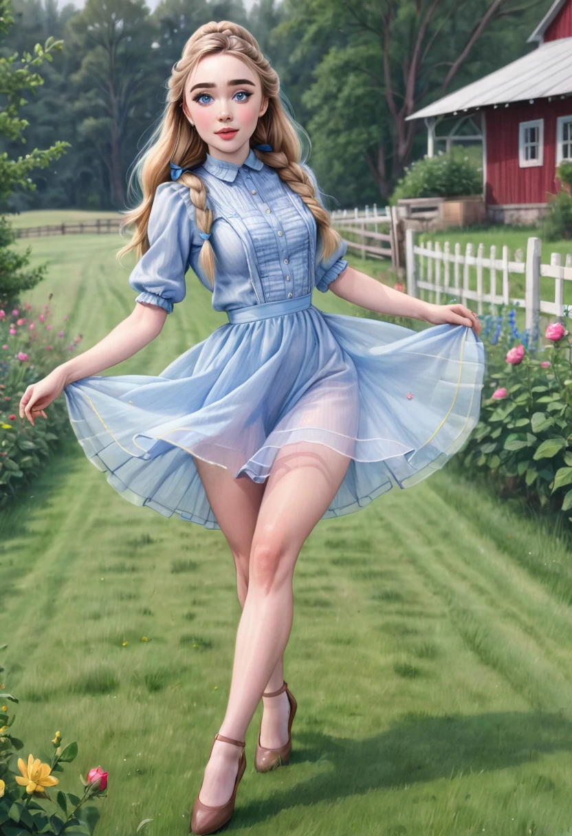 A colored pencil sketch of a beautiful swedish farm wife. crystal blue eyes. rosy complexion. full lips. Sabrina Carpenter. Sudectively dancing in a medow.