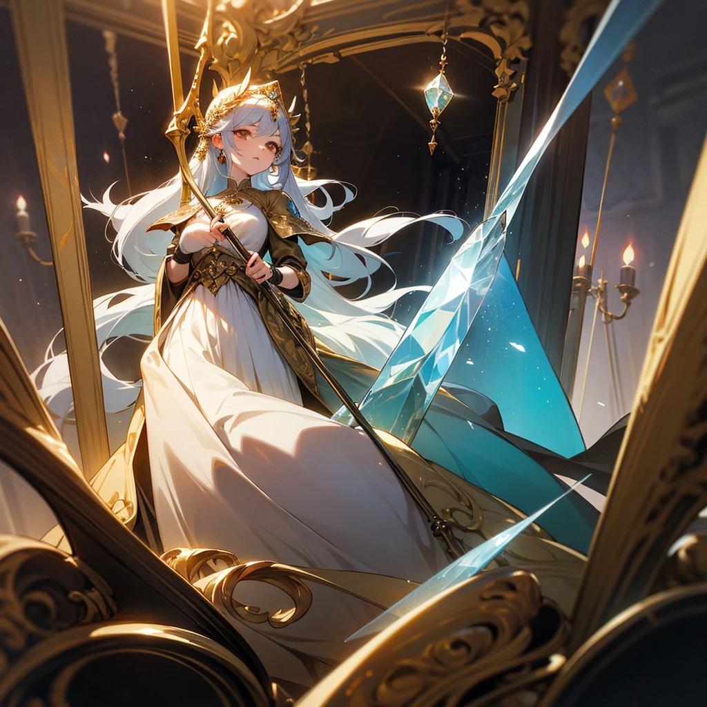 high resolution、Elegant、Neat、Long haired goddess。
Wearing a light dress。Goddess of Light。Holds a large staff with a crystal。like medieval europe、beautiful、Fantasy。Elegant、Adult wo luxurious atmosphere