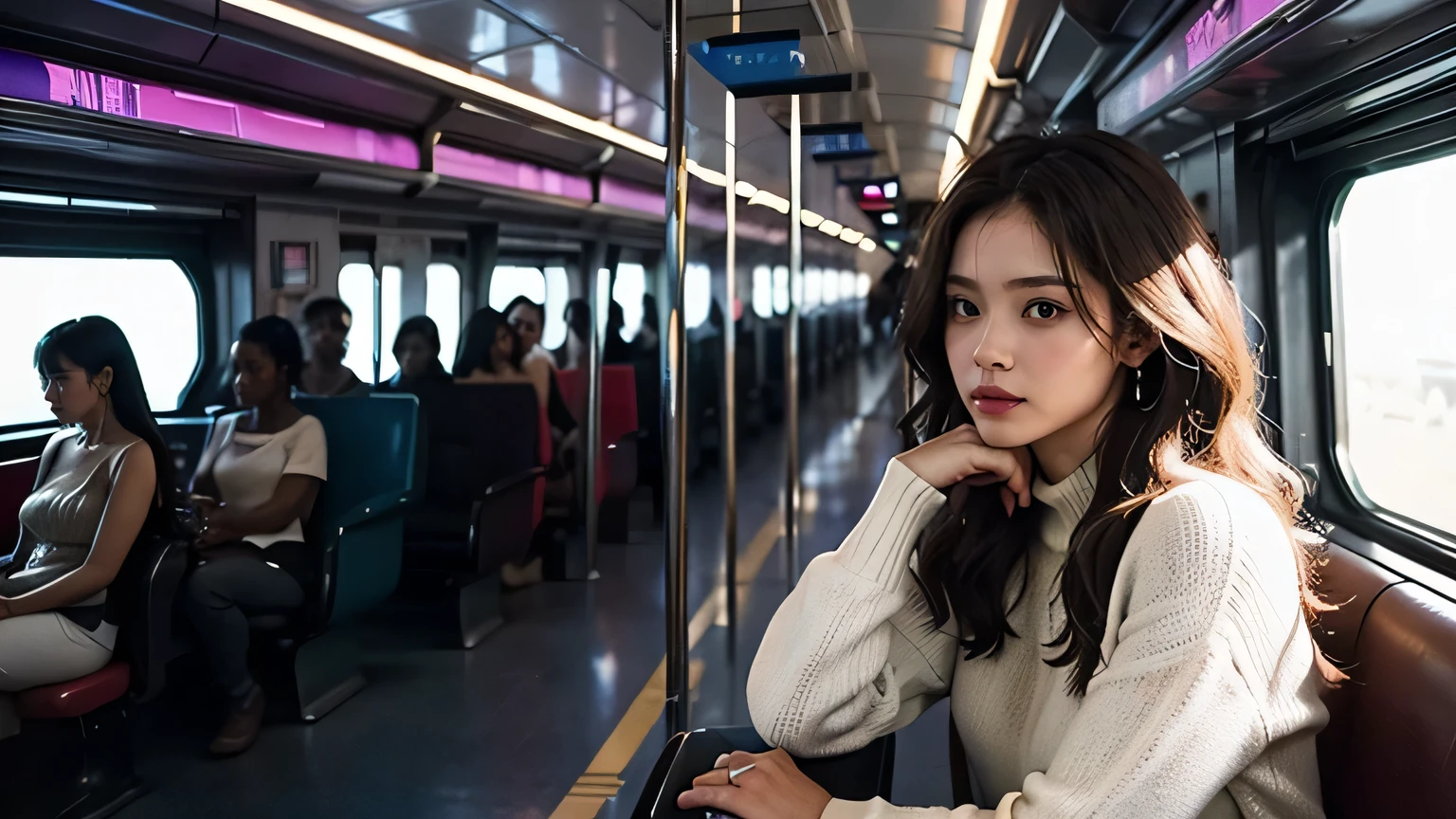 Hyperrealistic, cinematic quality, futuristic train footage. Cyberpunk atmosphere. Hyper-futuristic and colorful lighting. A mix of antique and hyper-futuristic inside the train. The seats are crowded with passengers. Scene: The woman is happy with her hand on her cheek, indicating her excitement at meeting the man of her dreams. Main Description Appearance: Wavy brown hair, beige sweater and long white pants.