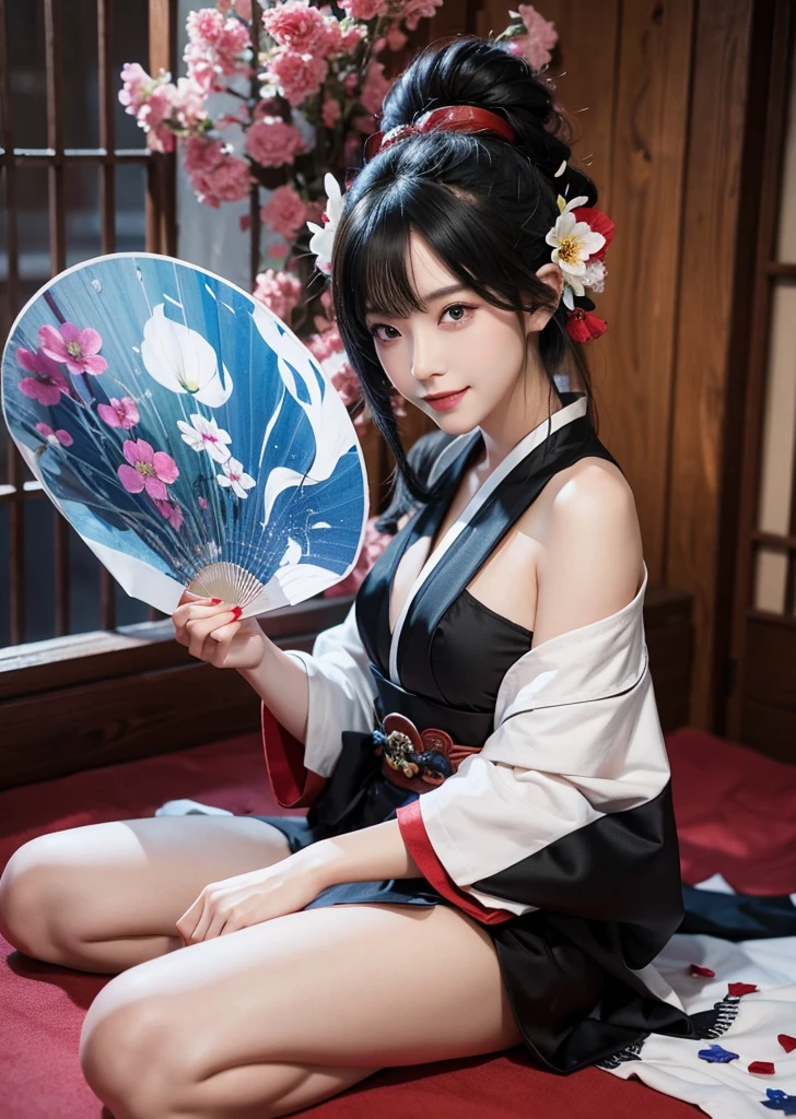 Diffuse lighting、 Highest quality, High resolution, unity 8k wallpaper、Supersaturation, Colorful, 8k解像度, 1 female、Japanese、23 years old、Close-up portrait、Red silk underwear,smile、Mature、Adult women、whole body、midnight、Sitting on a bed covered with flower petals、Sitting on the floor、Fantasy、mysterious、Woman with a Fan, onmyoji, onmyoji detailed art, onmyoji portrait, 4K, 8k, Vibrant, Splash Art , Onmyoji、Spirit medium、