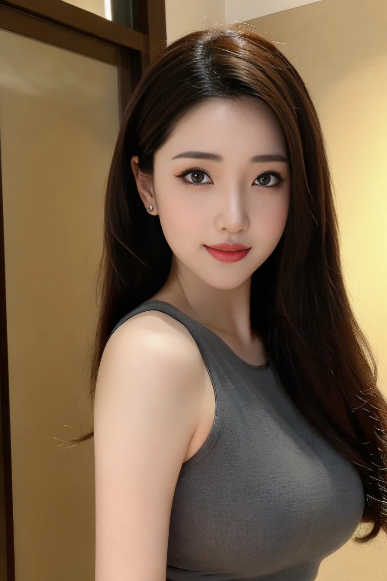  ulzzang-6500-v1.1,(raw photo:1.2),((photorealistic:1.30)), ((best quality)) ,((masterpiece)),((Ultra High Resolution)), ((Clear View)),,Ultra-high resolution,Clear face,（Reality：1.4) ,  illustration, an extremely delicate and beautiful, extremely detailed ,CG ,unity ,8k wallpaper, Amazing, finely detail, masterpiece,best quality,official art,extremely detailed CG unity 8k wallpaper,absurdres, incredibly absurdres, huge filesize, ultra-detailed, highres, extremely detailed,beautiful detailed girl, extremely detailed eyes and face, beautiful detailed eyes,light on face,cinematic lighting, 1girl, 独奏, long hair, black hair, hair ornament, jewelry, Earring, Blue eyes, (Double eyelids), (blush), (Cheeks flushed), (sharp nose), (Red nose), (makeup),smile, (dress), (black dress), (standing), (full body), (super Giant breasts:1.3), (shagging breasts:1.3), Slim body, big butt, slim waist, big hips,