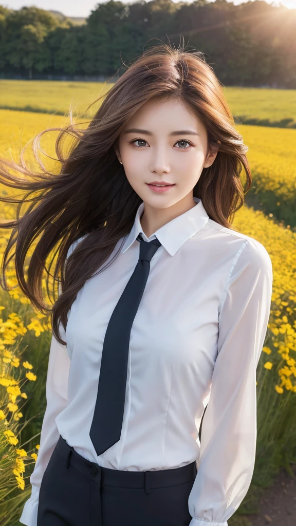 highest quality、genuine、Super detailed、finely、High resolution、8k wallpaper、one beautiful woman、、、light brown disheveled hair、wearing a business suit、sharp focus、perfect dynamic composition、beautiful and detailed eyes、thin hair、Detailed genuine skin texture、smile、model body shape、In a windswept meadow