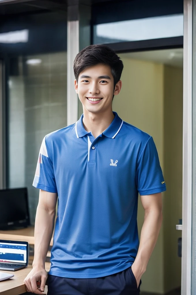 Korean man, Inspiration from Peng Yuyan, 23 years old, Korean muscular man ，The computer room is in the back. Sports t-shirts, polo, tight, navy blue., open mouth smile