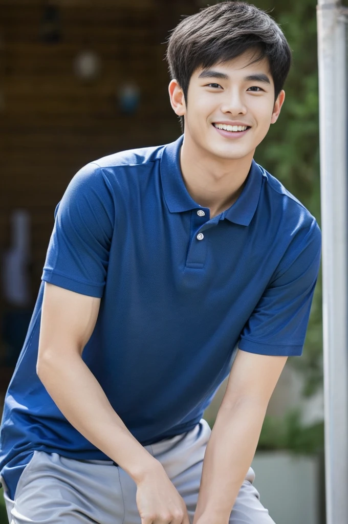 Korean man, Inspiration from Peng Yuyan, 23 years old, Korean muscular man ，The computer room is in the back. Sports t-shirts, polo, tight, navy blue., open mouth smile