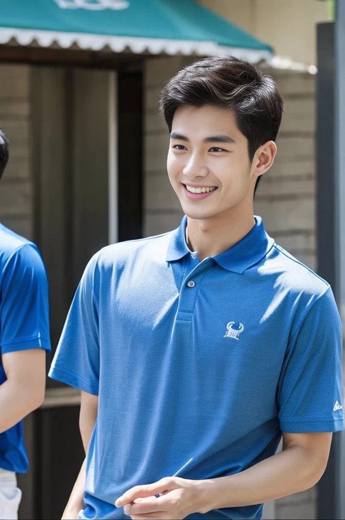 Korean man, Inspiration from Peng Yuyan, 23 years old, Korean muscular man ,The computer room is in the back. Sports t-shirts, polo, tight, navy blue., open mouth smile
