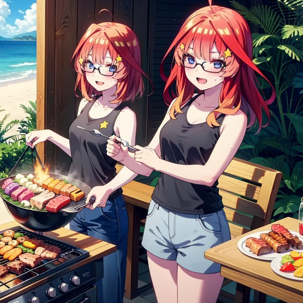 itsukinakano, Itsuki Nakano, bangs, blue eyes, Hair between the eyes, Ahoge, Redhead, star \(symbol\), hair ornaments, star hair ornaments,Baseball hats,Black-rimmed glasses,happy smile, smile, Open your mouth,Red Tank Top,Belly button,Shorts,barefoot,Sweat,Beach,barbecue,cooking,Grilled meat,barbecue,Grilling meat,eating meat,Grilled meat,Palm tree,True Summer,Daytime,Clear skies,
break indoors, Beach,Sandy Beach,
break looking at viewer, (Cowboy Shot:1.5),
break (masterpiece:1.2), Highest quality, High resolution, unity 8k wallpaper, (figure:0.8), (Beautiful attention to detail:1.6), Highly detailed face, Perfect lighting, Highly detailed CG, (Perfect hands, Perfect Anatomy),