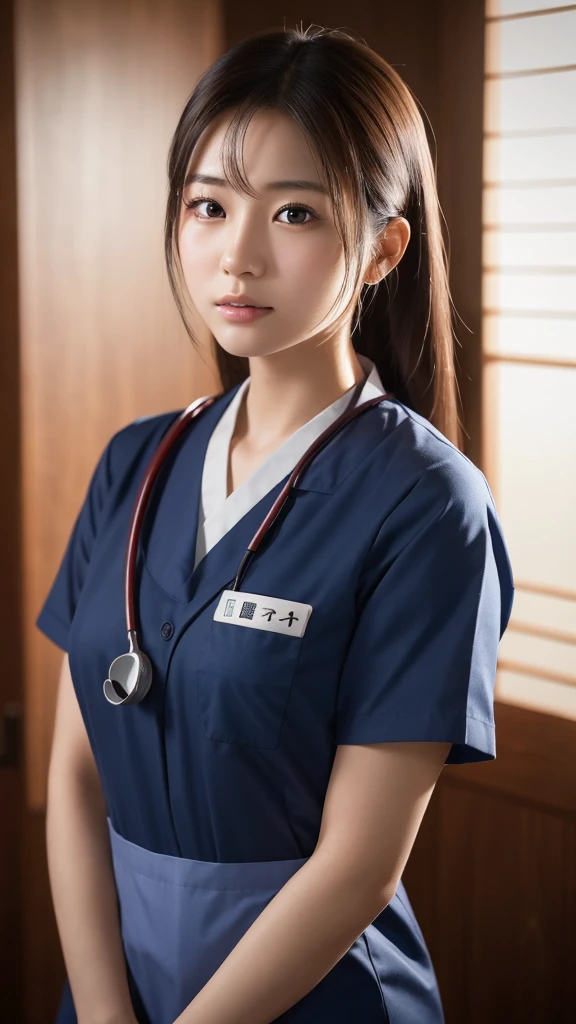 A beautiful young Japanese woman, around 20 years old, wearing a Nurses' Uniforms, ultra-detailed, 8K resolution, highly realistic, cinematic lighting, best quality, masterpiece, photorealistic, physically-based rendering, extremely detailed, vivid colors, professional, sharp focus, studio lighting