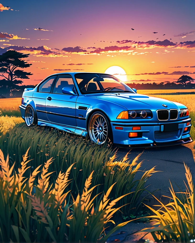 A classic BMW M3 E36 sports car in ABS blue、Anime scenery of a girl sitting in tall grass with a sunset in the background.Beautiful anime scene, Beautiful anime peace scenes, Makoto Shinkai Cyril Rolland, Beautiful anime scene, Awesome Wallpapers, Anime Art Wallpapers 8K, Anime Background, artistic Anime Background, anime wallpaper 4k, Anime Art 4K Wallpaper, Anime Wallpaper Art 4k,