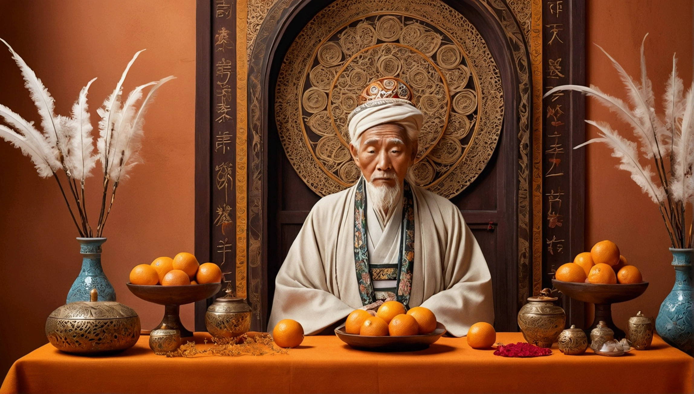 A serene and majestic illustration depicting the traditional Eastern cultural practice of ancestor worship, set against a muted, warm-toned background with subtle texture, evoking a sense of ancient parchment or silk. In the center, a dignified elderly figure with wise, wrinkled face, gentle eyes, and silver hair, dressed in traditional Eastern attire with intricate embroidery, pays respects to a beautifully crafted, ornate ancestral altar. The altar is adorned with vibrant, symbolic offerings such as oranges, incense sticks, and ceremonial candles, which cast a warm, golden glow. The atmosphere is tranquil, with soft, feathery clouds and delicate, curling tendrils of smoke rising from the incense, carrying the whispers of the ancestors. Every detail, from the wisps of hair on the elder's head to the delicate patterns on the altar, is rendered in exquisite, hand-painted style, with bold brushstrokes and vibrant colors that evoke a sense of reverence and cultural heritage.