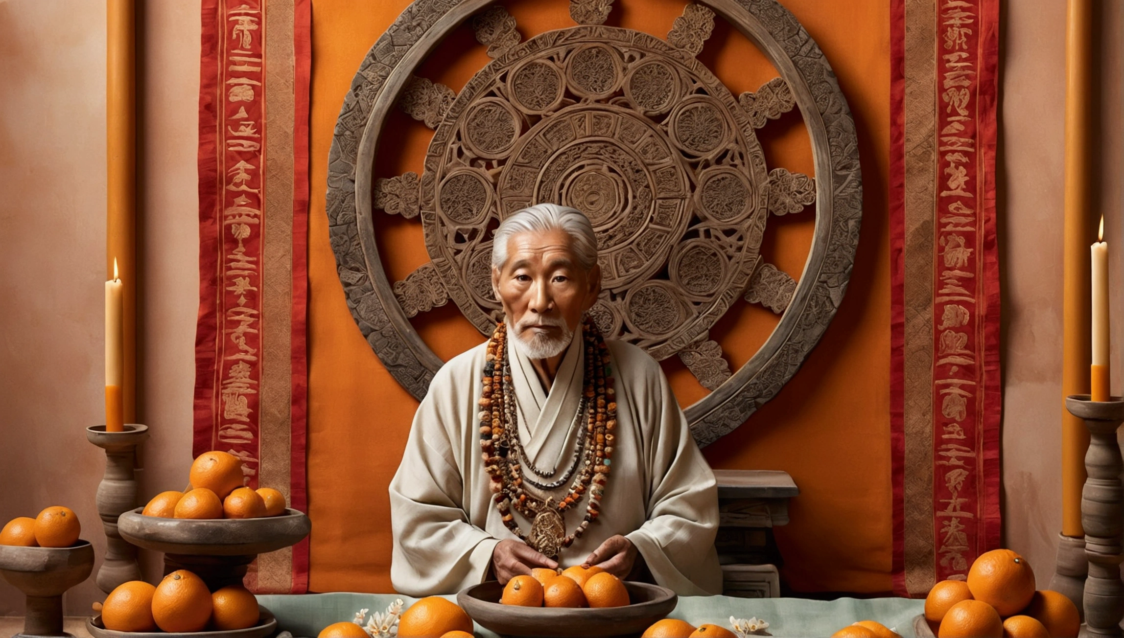 A serene and majestic illustration depicting the traditional Eastern cultural practice of ancestor worship, set against a muted, warm-toned background with subtle texture, evoking a sense of ancient parchment or silk. In the center, a dignified elderly figure with wise, wrinkled face, gentle eyes, and silver hair, dressed in traditional Eastern attire with intricate embroidery, pays respects to a beautifully crafted, ornate ancestral altar. The altar is adorned with vibrant, symbolic offerings such as oranges, incense sticks, and ceremonial candles, which cast a warm, golden glow. The atmosphere is tranquil, with soft, feathery clouds and delicate, curling tendrils of smoke rising from the incense, carrying the whispers of the ancestors. Every detail, from the wisps of hair on the elder's head to the delicate patterns on the altar, is rendered in exquisite, hand-painted style, with bold brushstrokes and vibrant colors that evoke a sense of reverence and cultural heritage.