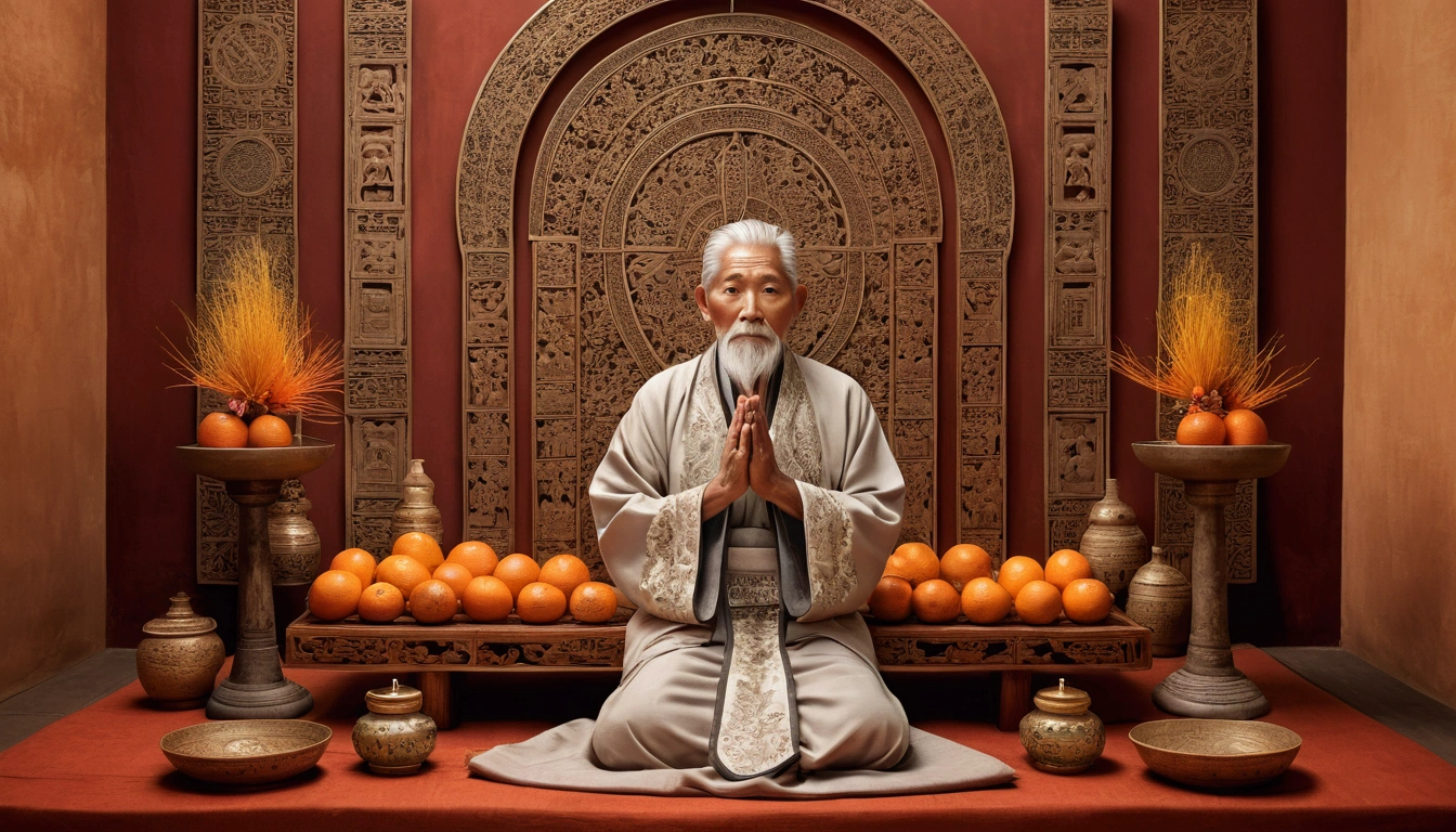 A serene and majestic illustration depicting the traditional Eastern cultural practice of ancestor worship, set against a muted, warm-toned background with subtle texture, evoking a sense of ancient parchment or silk. In the center, a dignified elderly figure with wise, wrinkled face, gentle eyes, and silver hair, dressed in traditional Eastern attire with intricate embroidery, pays respects to a beautifully crafted, ornate ancestral altar. The altar is adorned with vibrant, symbolic offerings such as oranges, incense sticks, and ceremonial candles, which cast a warm, golden glow. The atmosphere is tranquil, with soft, feathery clouds and delicate, curling tendrils of smoke rising from the incense, carrying the whispers of the ancestors. Every detail, from the wisps of hair on the elder's head to the delicate patterns on the altar, is rendered in exquisite, hand-painted style, with bold brushstrokes and vibrant colors that evoke a sense of reverence and cultural heritage.