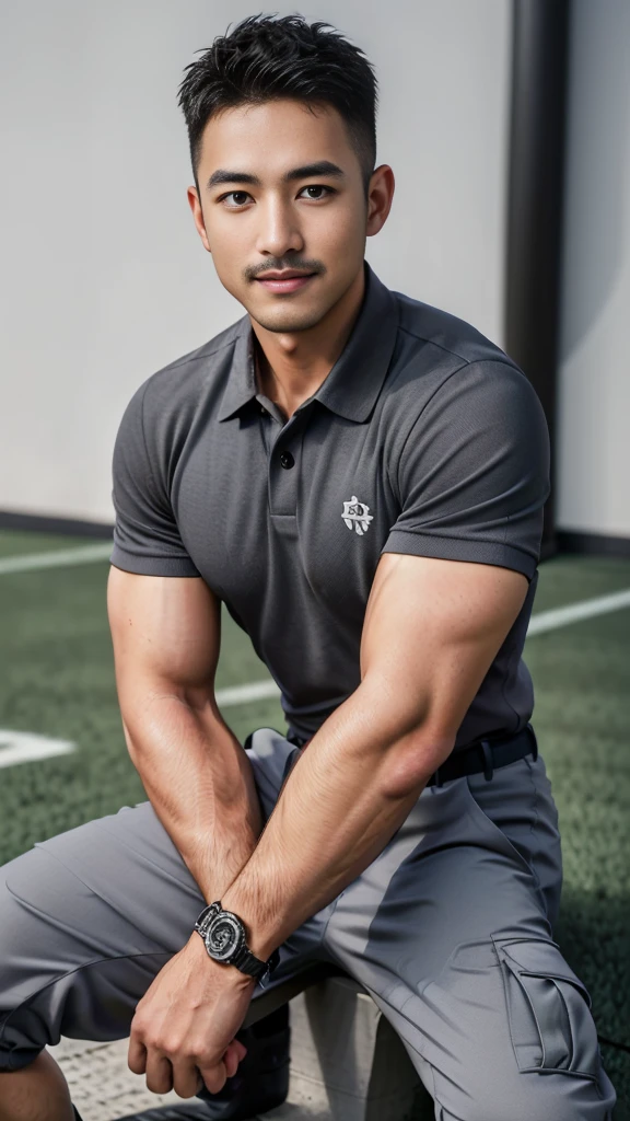 Masterpiece, best quality, high resolution, realistic, handsome, Take beautiful photos, A photo of a 35-year-old Gym Association member sitting on the floor. (The man has a thin mustache.) ,Full body, Portrait, standing on the football field, make military media, weight, Amazing , Buzzcut short hair,stubble head , (Hyper Muscle),looking at the audience, Flirt with the camera, charming, (Tight gray polo shirt Cargo pants ),(GS-Male:1), 8k,Bokeh,Portrait,look at the viewer, smile 