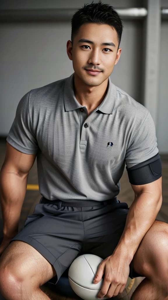 Masterpiece, best quality, high resolution, realistic, handsome, Take beautiful photos, A photo of a 35-year-old Gym Association member sitting on the floor. (The man has a thin mustache.) ,Full body, Portrait, standing on the football field, make military media, weight, Amazing , Buzzcut short hair,stubble head , (Hyper Muscle),looking at the audience, Flirt with the camera, charming, (Tight gray polo shirt Cargo pants ),(GS-Male:1), 8k,Bokeh,Portrait,look at the viewer, smile