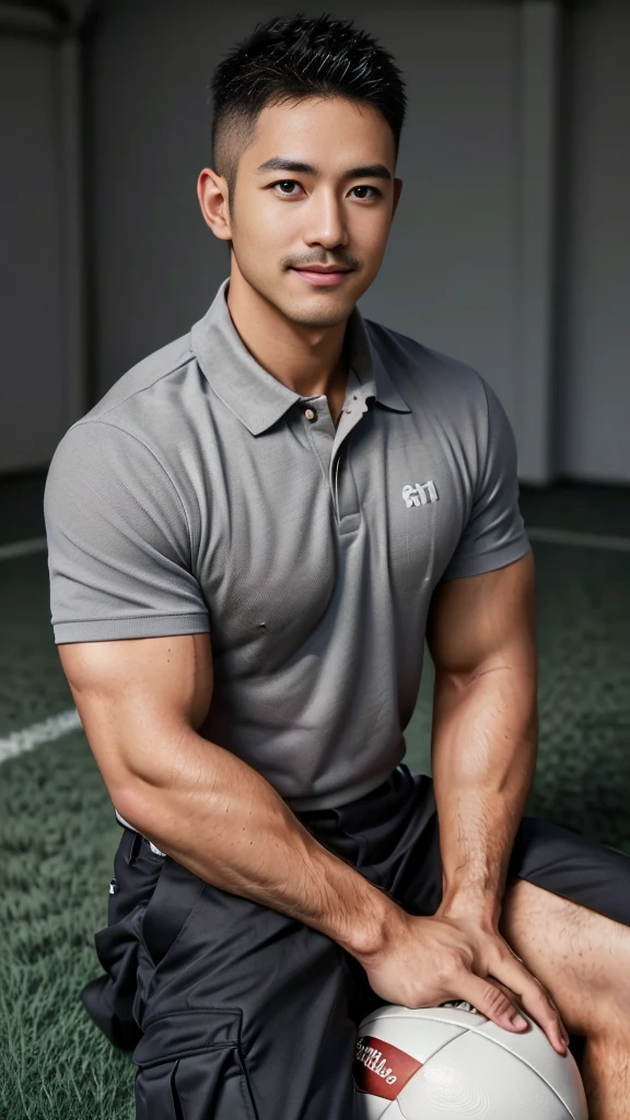 Masterpiece, best quality, high resolution, realistic, handsome, Take beautiful photos, A photo of a 35-year-old Gym Association member sitting on the floor. (The man has a thin mustache.) ,Full body, Portrait, standing on the football field, make military media, weight, Amazing , Buzzcut short hair,stubble head , (Hyper Muscle),looking at the audience, Flirt with the camera, charming, (Tight gray polo shirt Cargo pants ),(GS-Male:1), 8k,Bokeh,Portrait,look at the viewer, smile