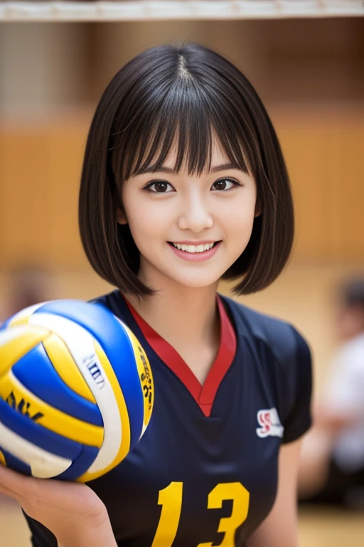 masterpiece)、(Highest quality:1.5)、(Photorealistic:1.2)、(Surreal), (High resolution), (Realistic), (Post-processing),(Sharp focus), Sharp focus:1.2,Backlight, (Improvement of quality:1.4), (Narrow waist)、((Perfectly detailed five-fingered hands)),(Anatomically correct body)、((1 female:1.4))、Japanese、Realistic Skin、(Small chest:1.4)、Bust size is A cup、Pretty woman with perfect figure:1.4,(from the front:1.5), (Enhances the beauty of skin texture:1.1),No makeup、美しいBlack Hair、smile、Natural color lip、(Small Mouth:1.4)、The mouth is not open、Thick lips、(Oval Face)、Even bangs、Hide eyebrows with bangs、((33-year-old woman))、Bob Hair、Hair blowing in the wind, (Black Hair, Iris, Watery eyes, Shining Eyes, Bob cut hair,), Hair behind the ear、No makeup、(Drooping eyes)、(((One lovely woman)),((優しい大きなsmile)),(( Small breasts,Small breastsの谷間)),((((Plump Cheeks)))),very cute,(Baby Face),Raccoon face、Volleyball Uniforms、Volleyball court in gym、smile