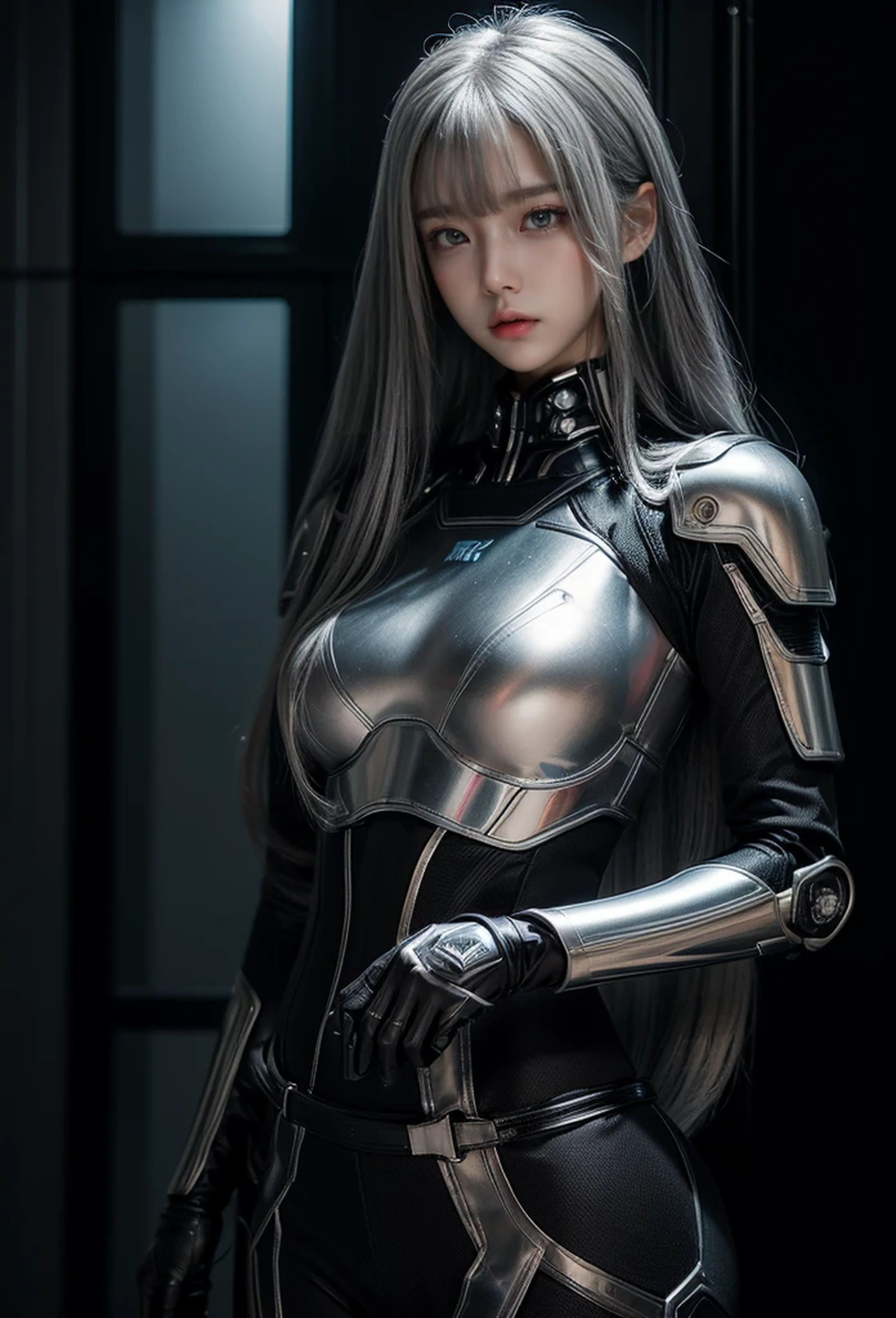 cyber angel,machine wing,{{Sci-Fi Armor}},cyber suit,cyberpunk,science fiction,cyber battle armor,Battledress,Military Uniforms,pants,black military uniform,whole body,Height: 168cm,almond shape eyes,{{{{{silver eyes}}}}},{{{{{dull bangs}}}}},(slanted eyes},{{whole body},{{{1 girl}}}, long hair, straight hair,{{{{silver hair}}}},{{{tsurime}}},30 years old,{Medium chest},{{bush}},silver eyes,{{{masterpiece}}}, {{{highest quality}}}, {{Super detailed}}, {shape}, {{very delicate and beautiful}},very detailed,detailed perfect,detailed hyper,Abundant thighs,big ass,black clothes